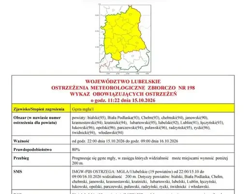 Gęsta mgła nad Lubelszczyzną – ostrzeżenie IMGW dla 19 powiatów