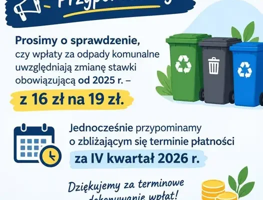 Opłata za odpady komunalne: nowa stawka 19 zł i termin IV kwartału 2026
